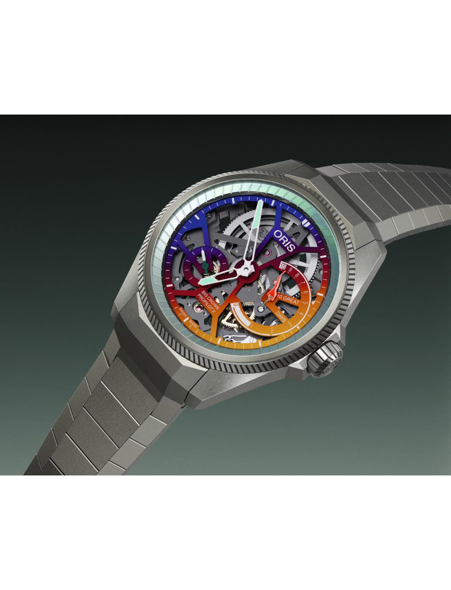 Skeleton wristwatch with a multicolor, gear-filled dial and a silver metal bracelet/strap.