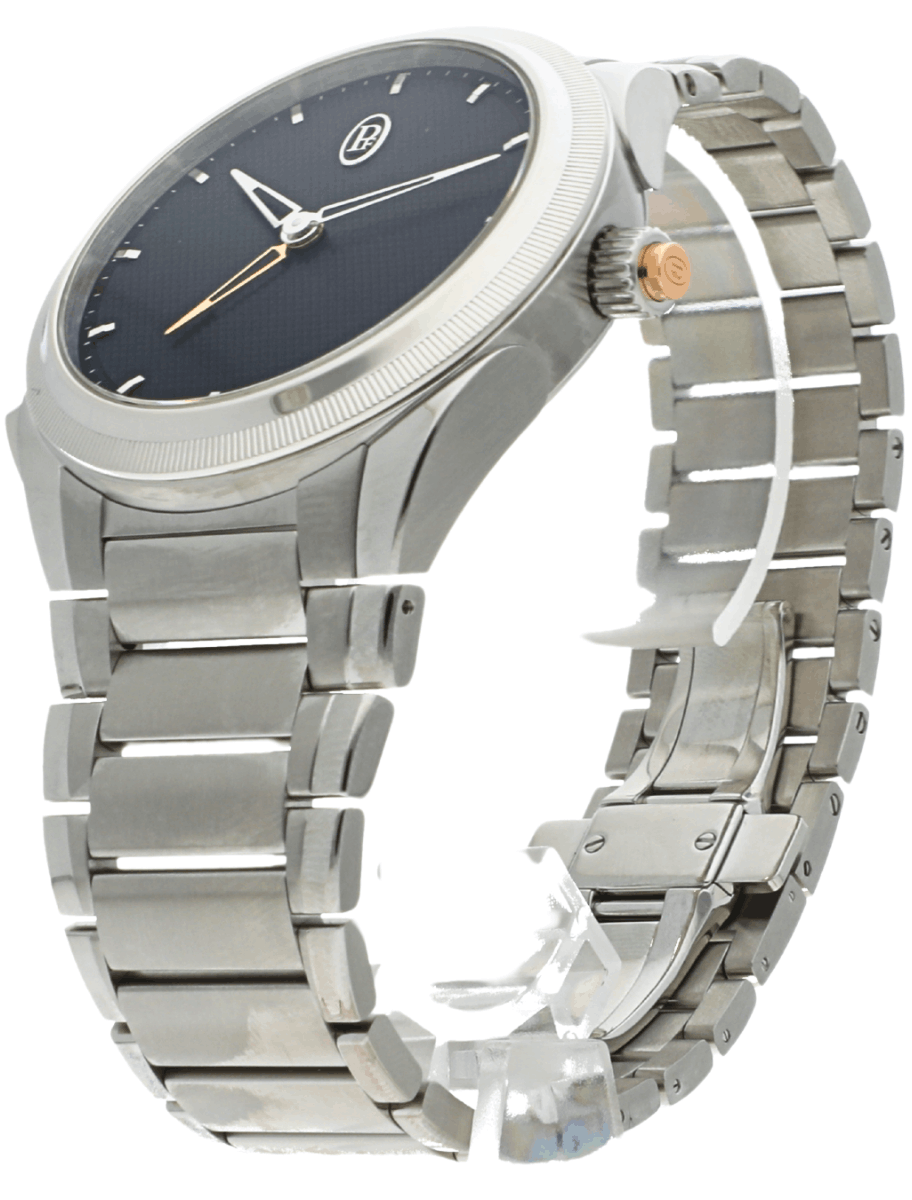 Stainless steel analog wristwatch with a dark blue dial and metal link band, shown at an angle with a gold-toned crown.