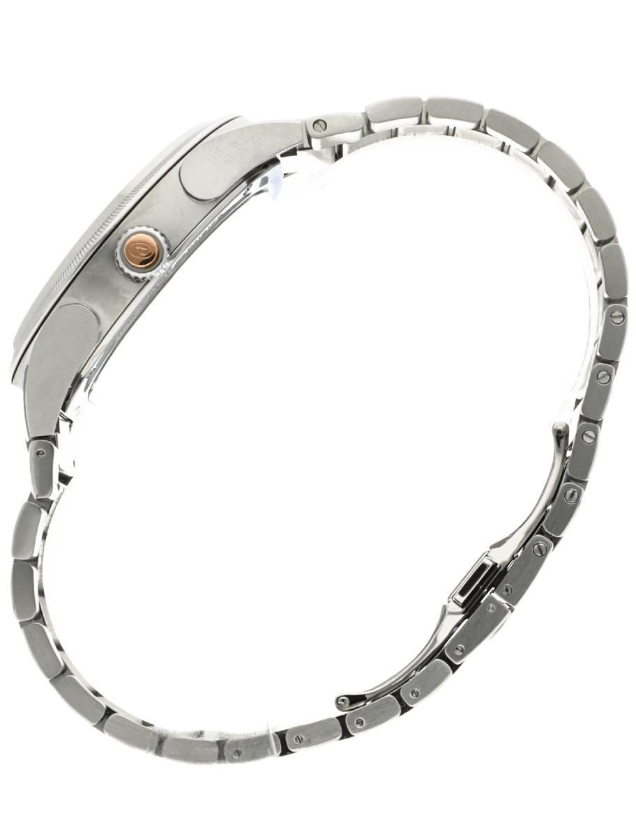 Side view of a pre-owned Parmigiani Fleurier stainless steel wristwatch with a metal link bracelet and a crown on the case.