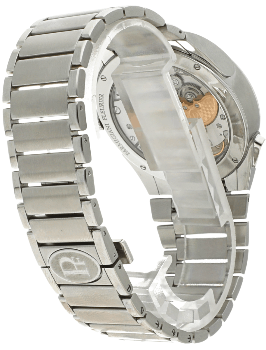 Pre-owned Parmigiani Fleurier stainless steel wristwatch with a transparent back showing inner gears and rotor window.