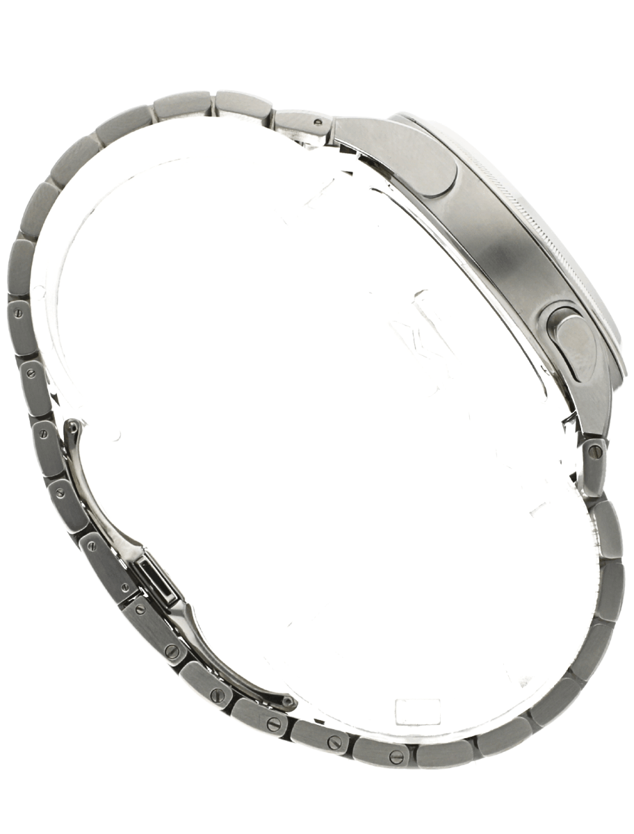 Side view of a pre-owned Parmigiani Fleurier stainless steel wristwatch with a metal link bracelet and deployment clasp.