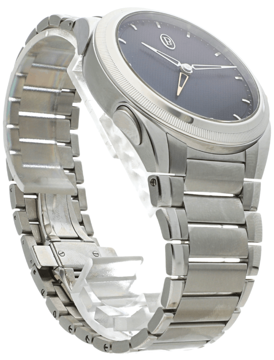 Pre-owned Parmigiani Fleurier metal wristwatch with a blue dial and brushed links in a curved metal bracelet.