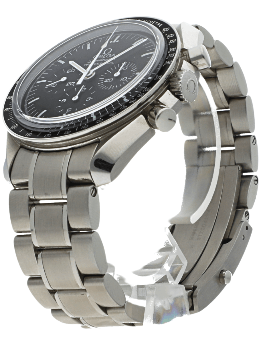 Side view of pre-owned Omega Speedmaster Professional chronograph watch with black dial and stainless steel bracelet