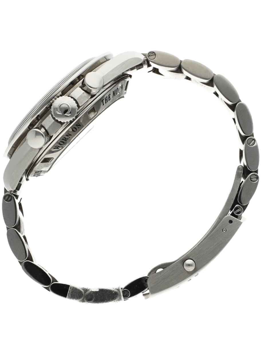 Side view of pre-owned Omega metal link wristwatch with a deployed clasp in profile view