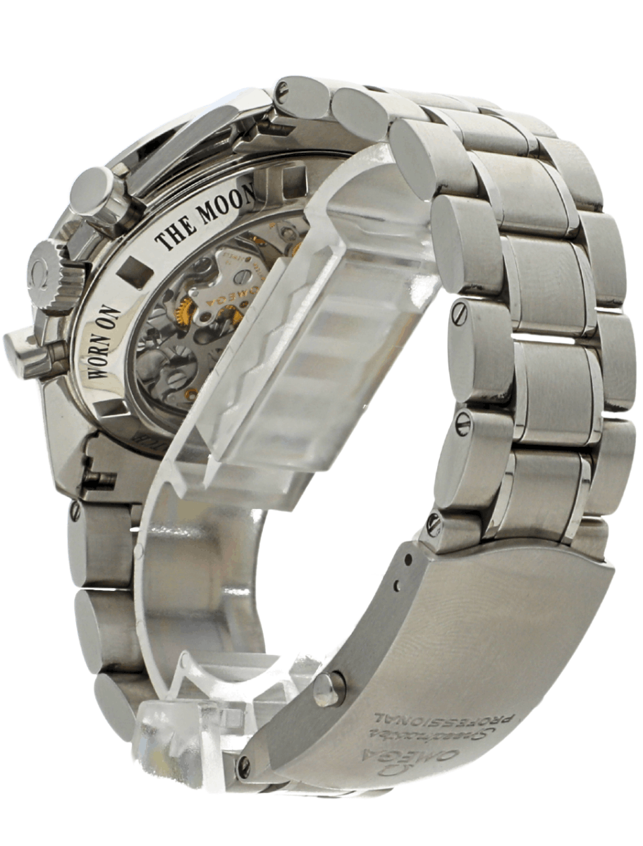 Pre-owned Omega stainless steel wristwatch with linked bracelet and transparent case back showing inner movement, angled view.