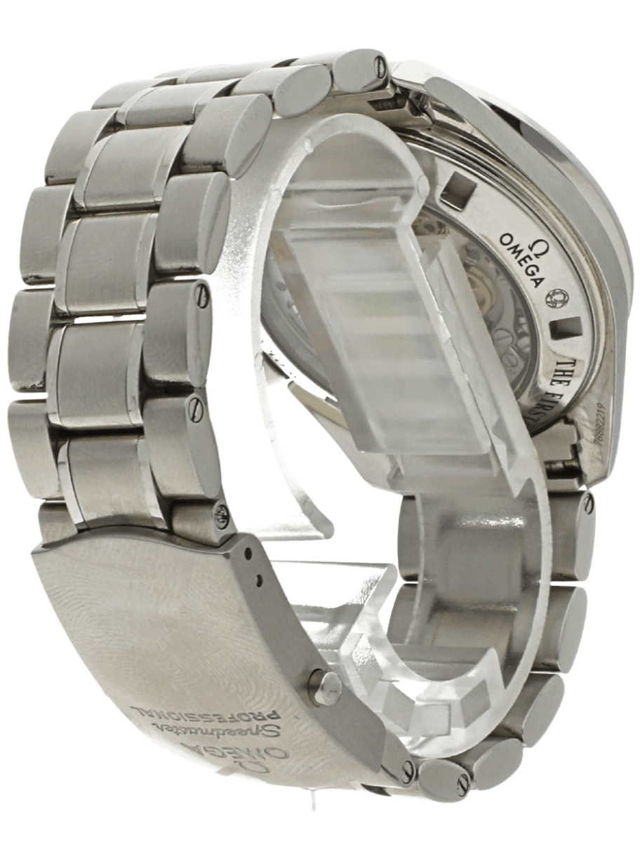 Pre-owned Omega stainless steel wristwatch with linked bracelet and transparent case back showing inner movement, angled view.
