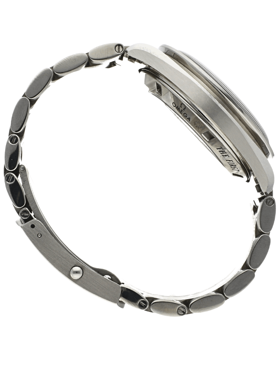Side view of pre-owned Omega metal link wristwatch with a deployed clasp in profile view