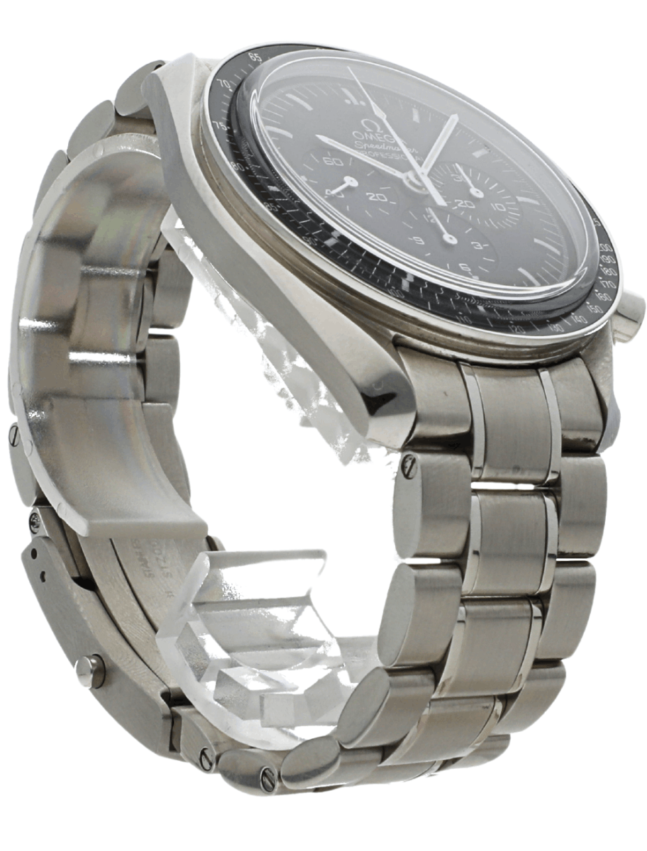 Side view of pre-owned Omega Speedmaster Professional chronograph watch with black dial and stainless steel bracelet