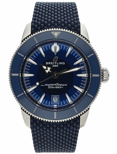 Pre-owned Breitling SuperOcean watch with blue dial and matching blue bezel, stainless steel case, blue mesh strap, and date window at 6 o'clock.
