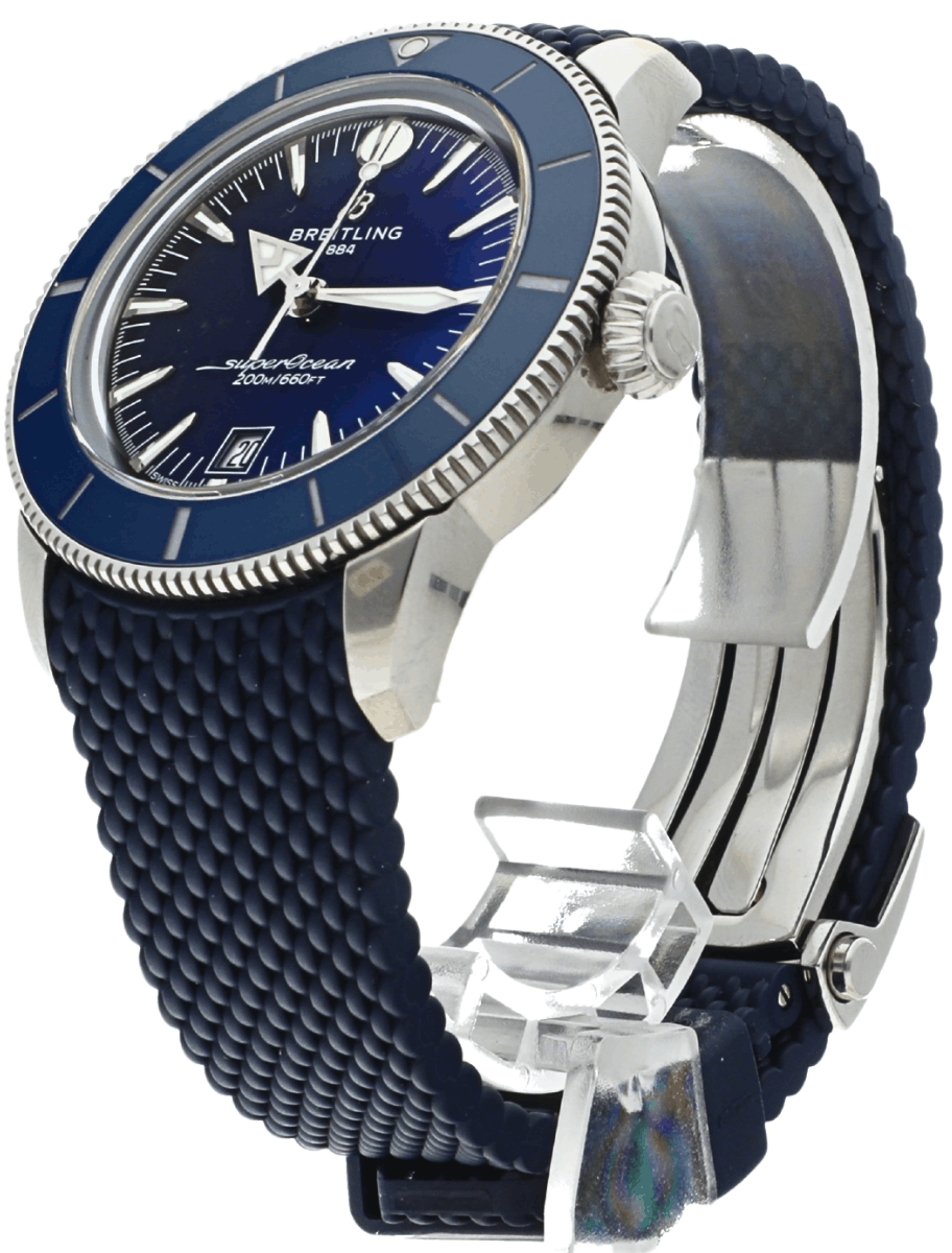 Pre-owned Breitling SuperOcean dive watch with blue bezel and textured blue strap