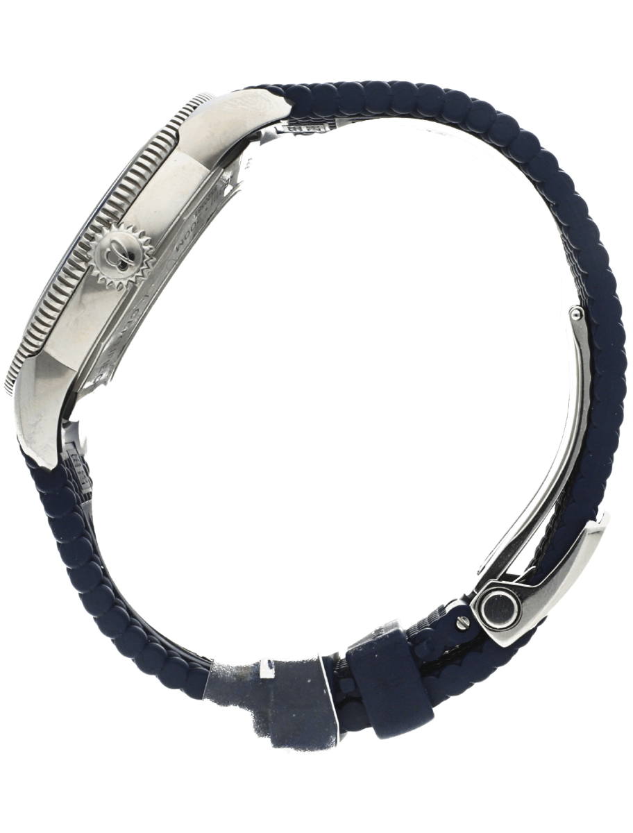 Side view of a pre-owned Breitling wristwatch with a dark blue braided strap and a deployed metal clasp.