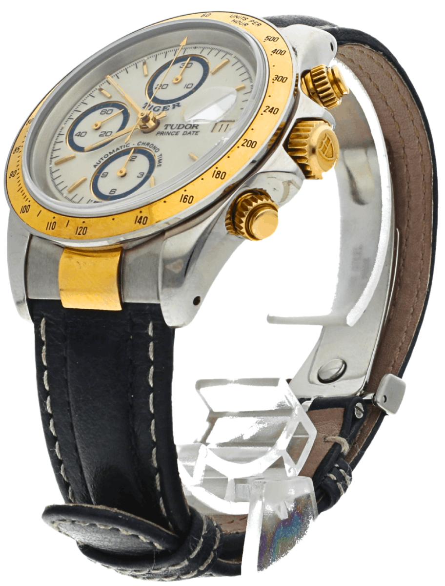Two-tone chronograph wristwatch with a gold bezel, silver case, and black leather strap showing multiple subdials (informative product photo).