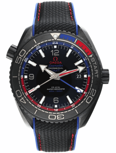 Omega Seamaster analog wristwatch with a black dial, blue strap with red stitching, and a black ceramic case.