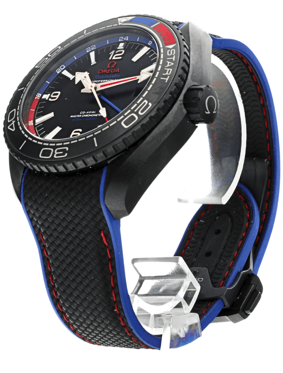 Front side view of pre-owned Omega Seamaster analog wristwatch with a black dial, blue strap with red stitching, and a black ceramic case.