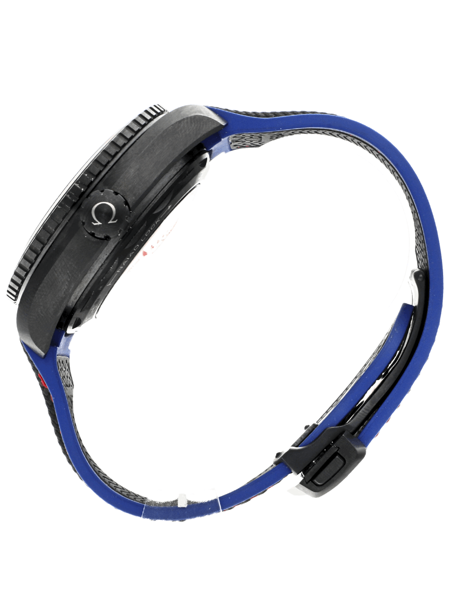 Side view of pre-owned Omega Seamaster analog wristwatch with a black dial, blue strap with red stitching, and a black ceramic case.