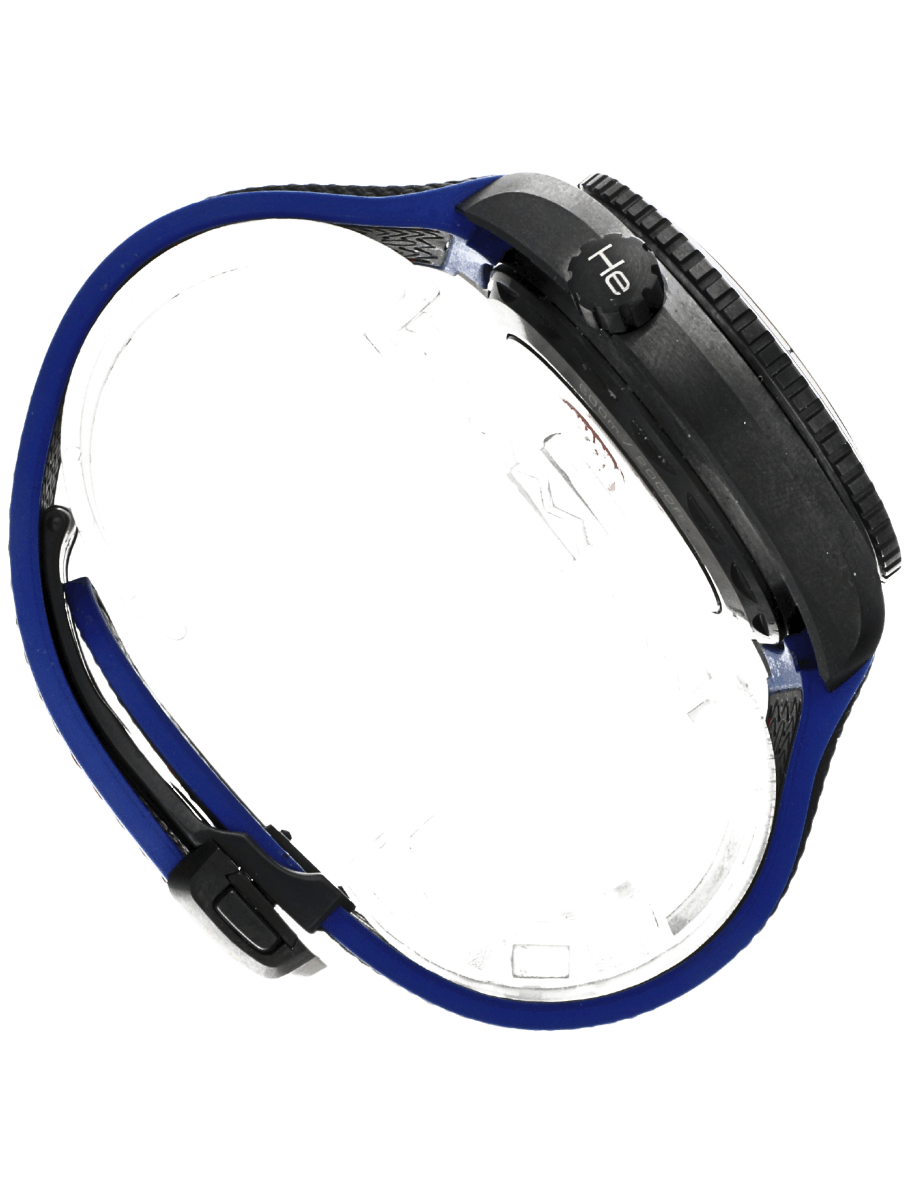 Side view of pre-owned Omega Seamaster analog wristwatch with a black dial, blue strap with red stitching, and a black ceramic case.