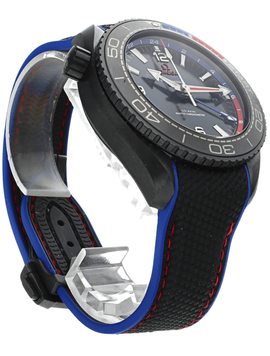 Pre-owned Omega Seamaster analog wristwatch with a black dial, blue strap with red stitching, and a black ceramic case.
