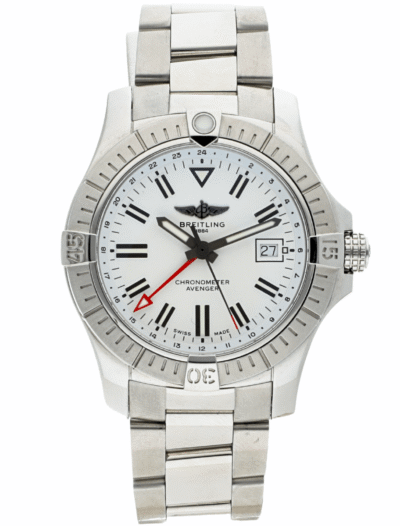 Pre-owned Breitling Avenger stainless steel wristwatch with white dial, black hour markers, red tip seconds hand, and date at 3 o'clock.