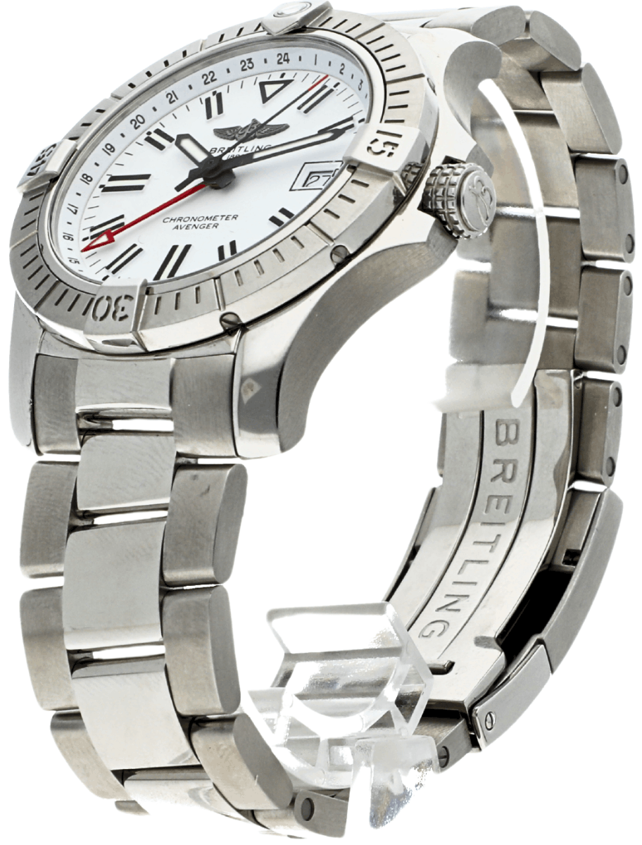 Close-up of a steel pre-owned Breitling chronometer wristwatch with a white dial and metal bracelet