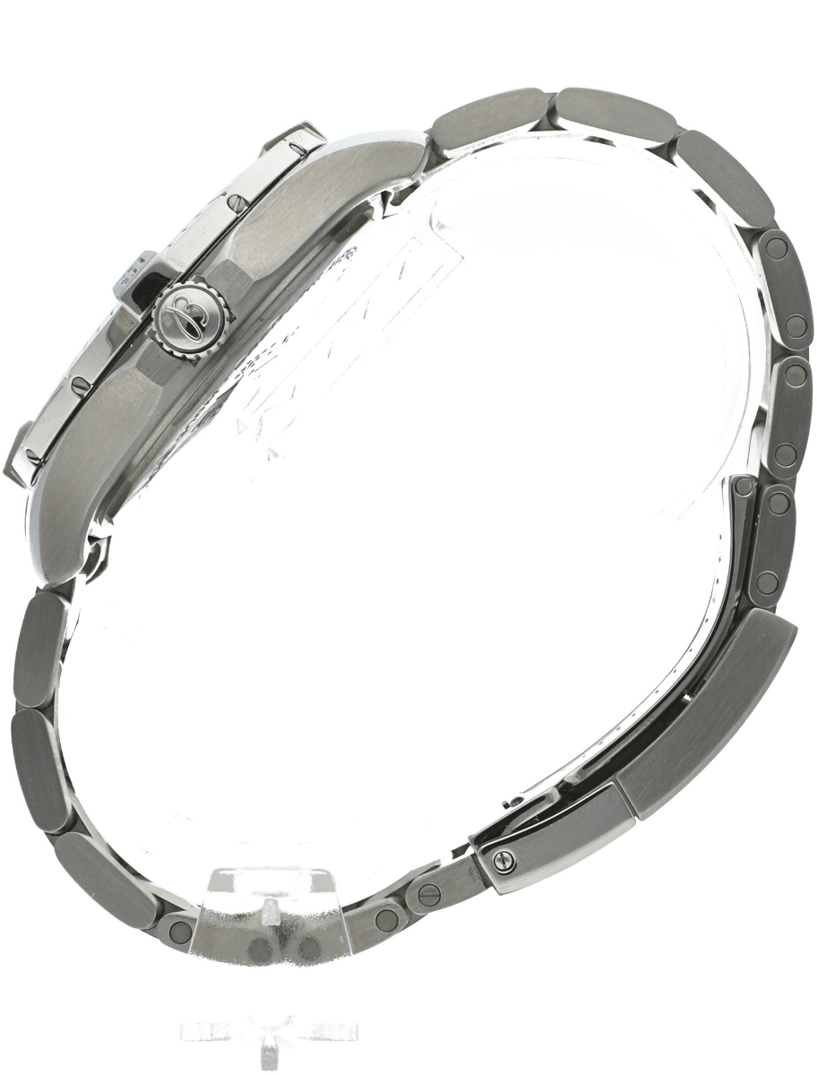 Side view of a pre-owned Breitling stainless steel watch with a linked bracelet and crown visible.
