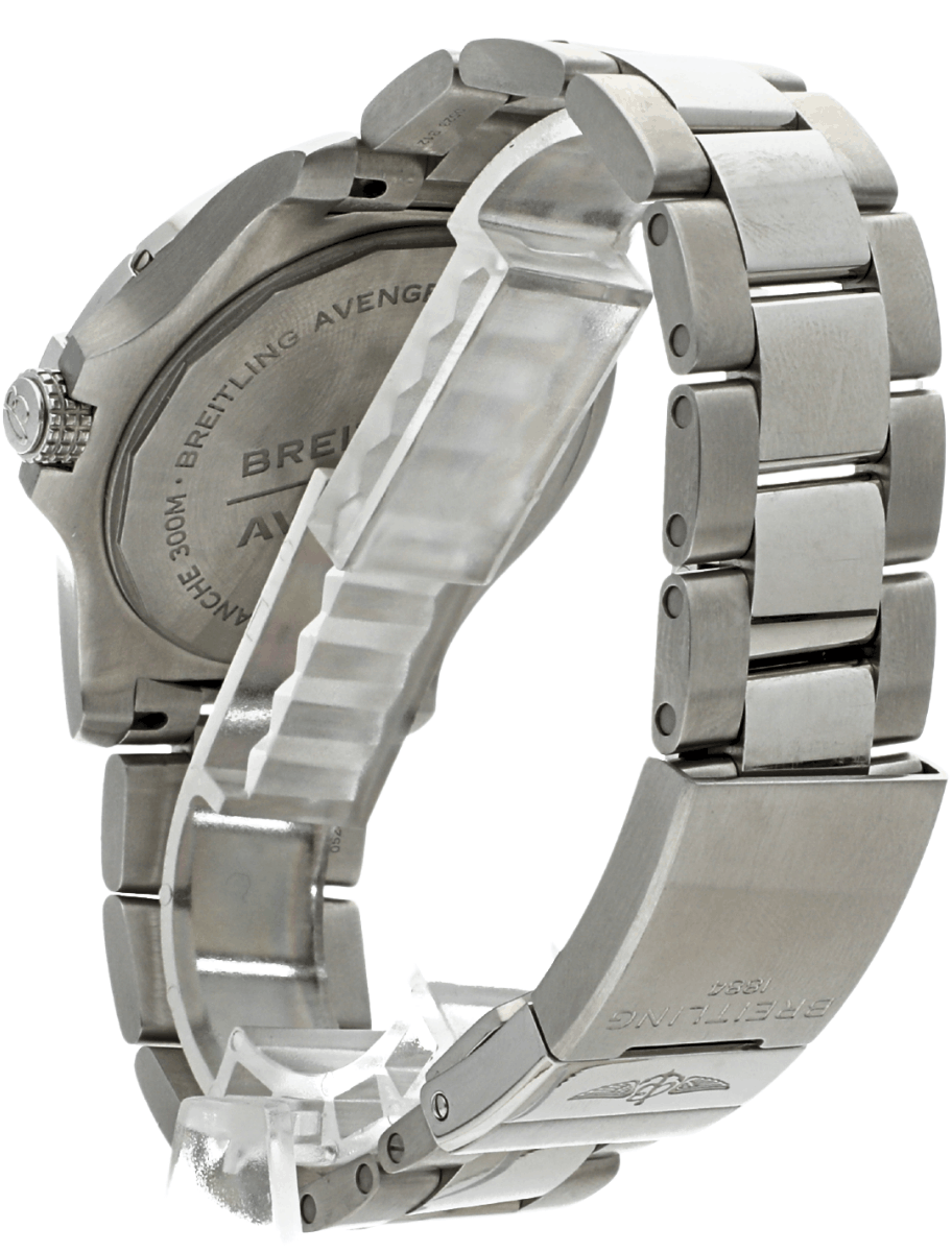Pre-owned Breitling Avenger stainless steel wristwatch with metal bracelet, shown from the side with the case back visible.