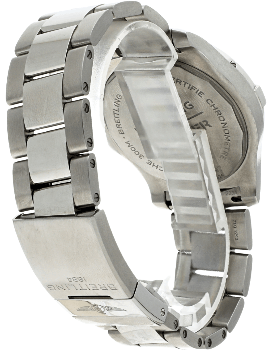 Stainless steel pre-owned Breitling wristwatch with a metal link bracelet, showing the closed deployment clasp and case back edge.