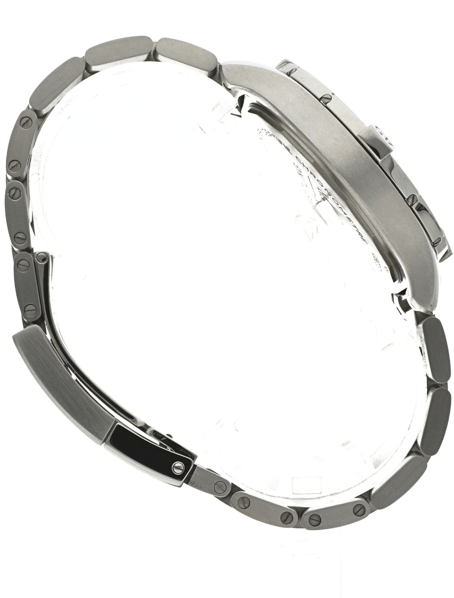 Pre-owned Breitling stainless steel watch band with a deployment clasp, curved into a loop against a white background.