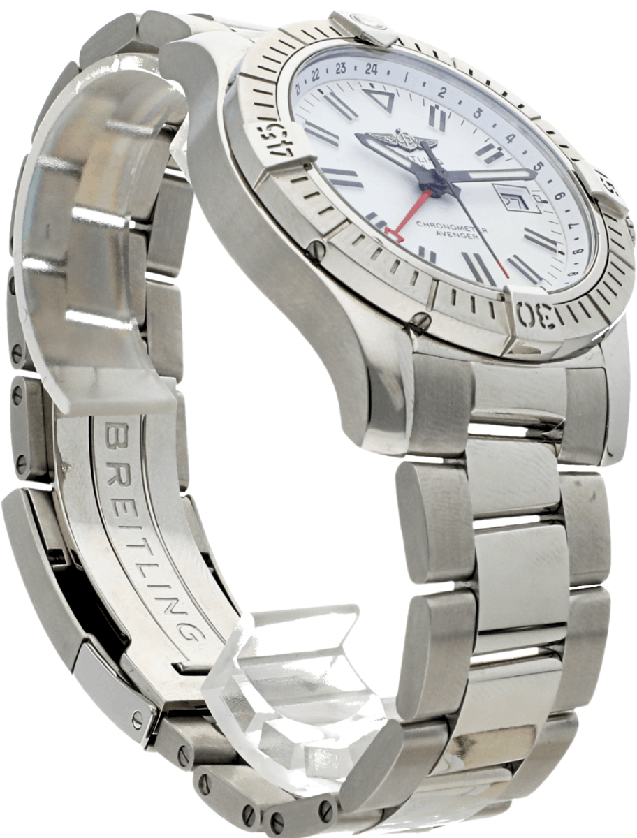 Pre-owned Breitling stainless steel wristwatch with a white dial, rotating bezel, and partially opened metal bracelet.