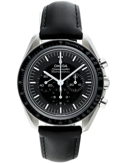 Pre-owned Omega Speedmaster Professional wristwatch with black dial and tachymeter bezel on a black leather strap