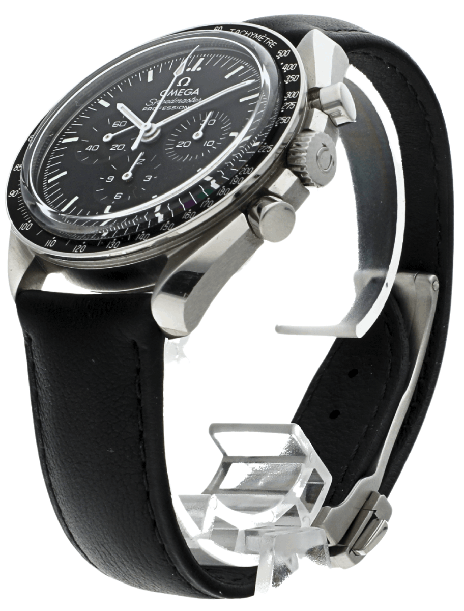 Front side view of pre-owned Omega Speedmaster chronograph wristwatch with black leather band and stainless steel case.