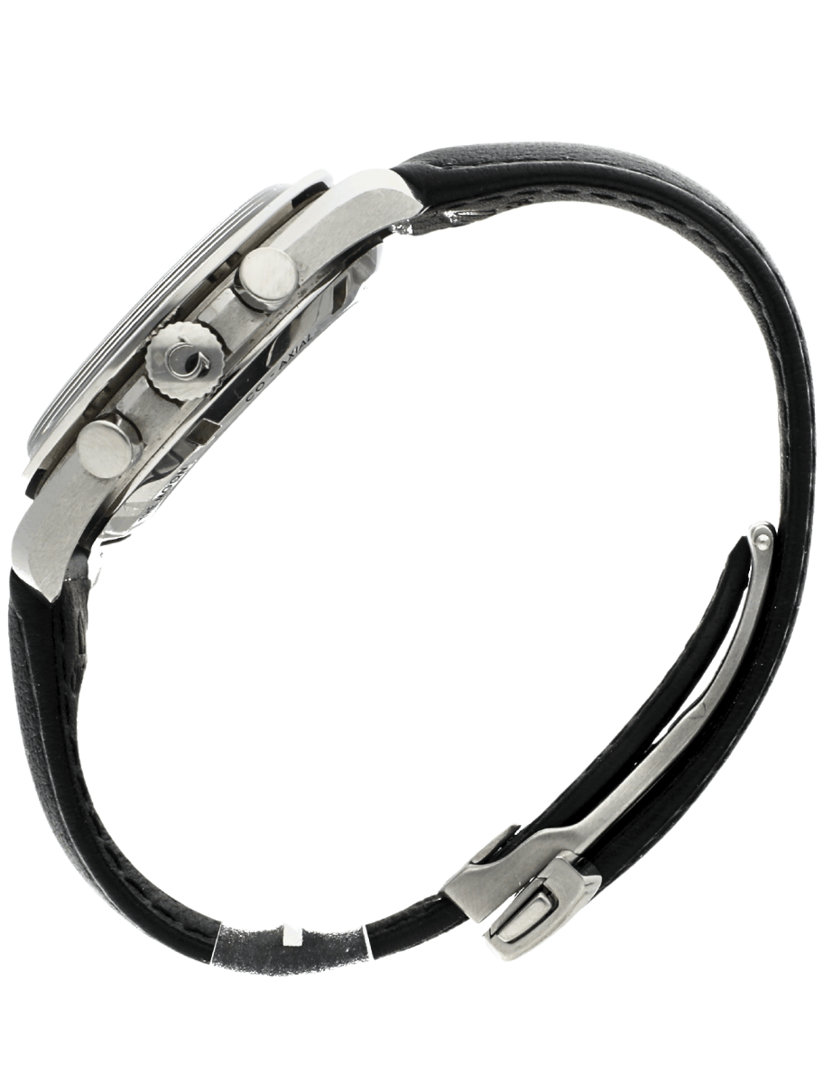 Side view of a pre-owned Omega wristwatch with a black leather strap and a crown with pushers on the side.