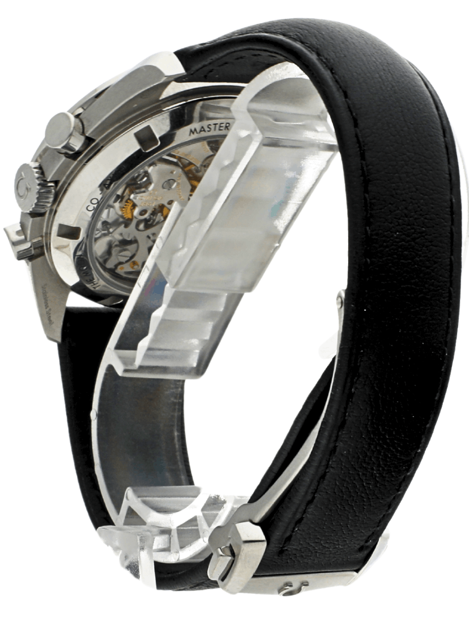 Back side view of a pre-owned Omega mechanical wristwatch with a transparent case back showing gears, and a black leather strap