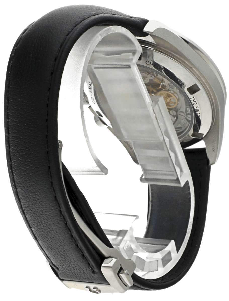 Back side view of a pre-owned Omega mechanical wristwatch with a transparent case back showing gears, and a black leather strap