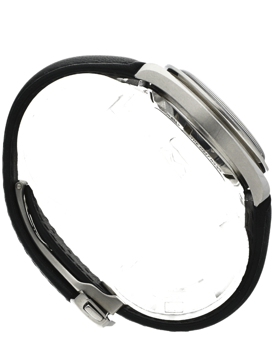 Side view of pre-owned Omega Speedmaster chronograph wristwatch with black leather band and stainless steel case.