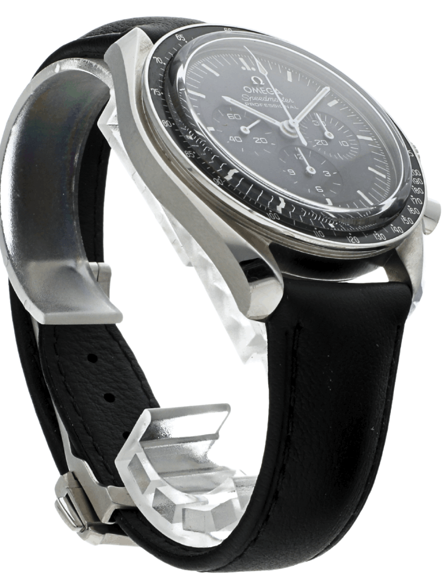 Front side view of pre-owned Omega Speedmaster chronograph wristwatch with black leather band and stainless steel case.
