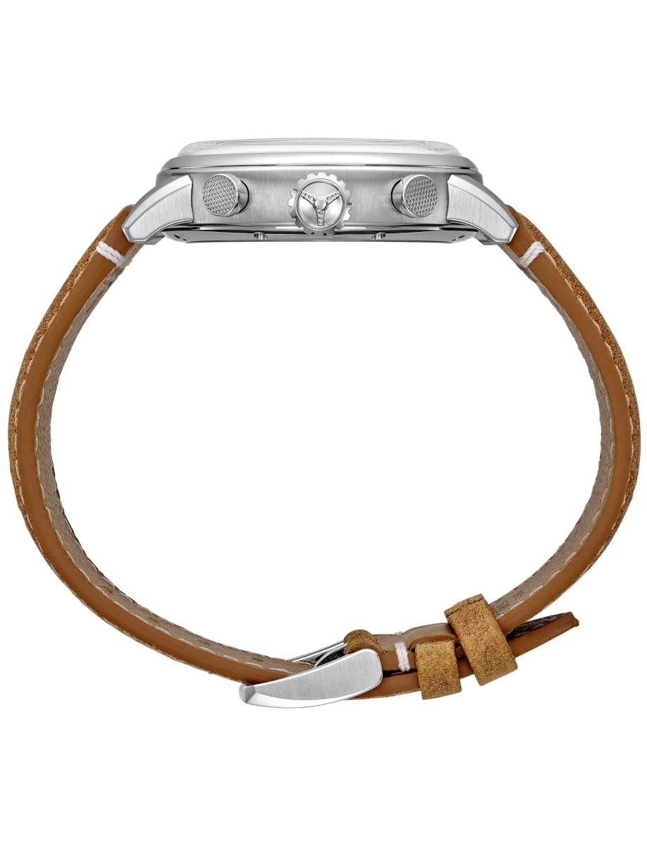 Side view of a silver wristwatch with a brown leather strap wrapped around the wrist area, crown and pushers visible on the case