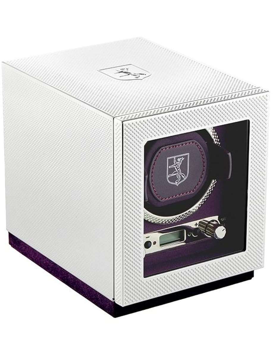 White textured watch winder box with a transparent front panel showing a purple interior and a single watch inside