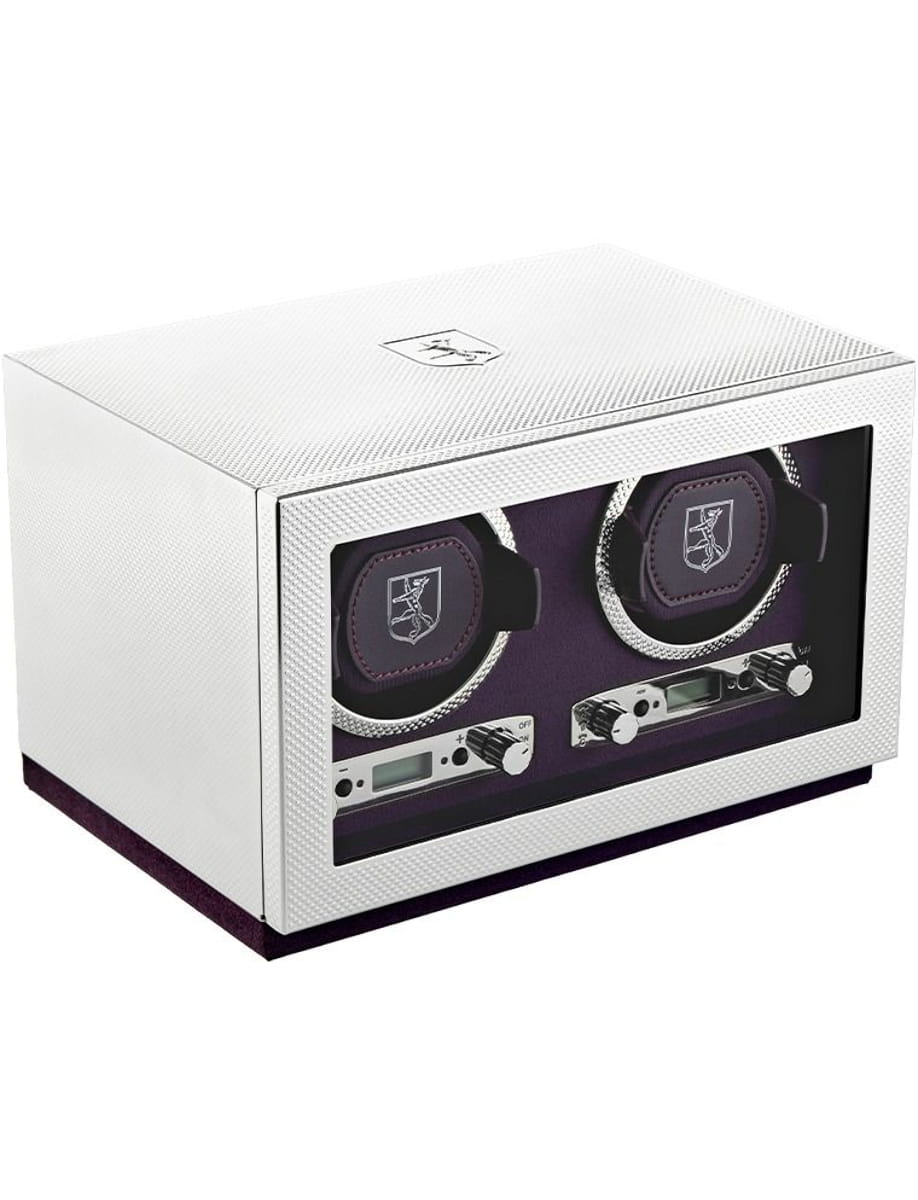 White rectangular watch winder cabinet with a glass front, showing two purple-cushioned winders and chrome knobs inside