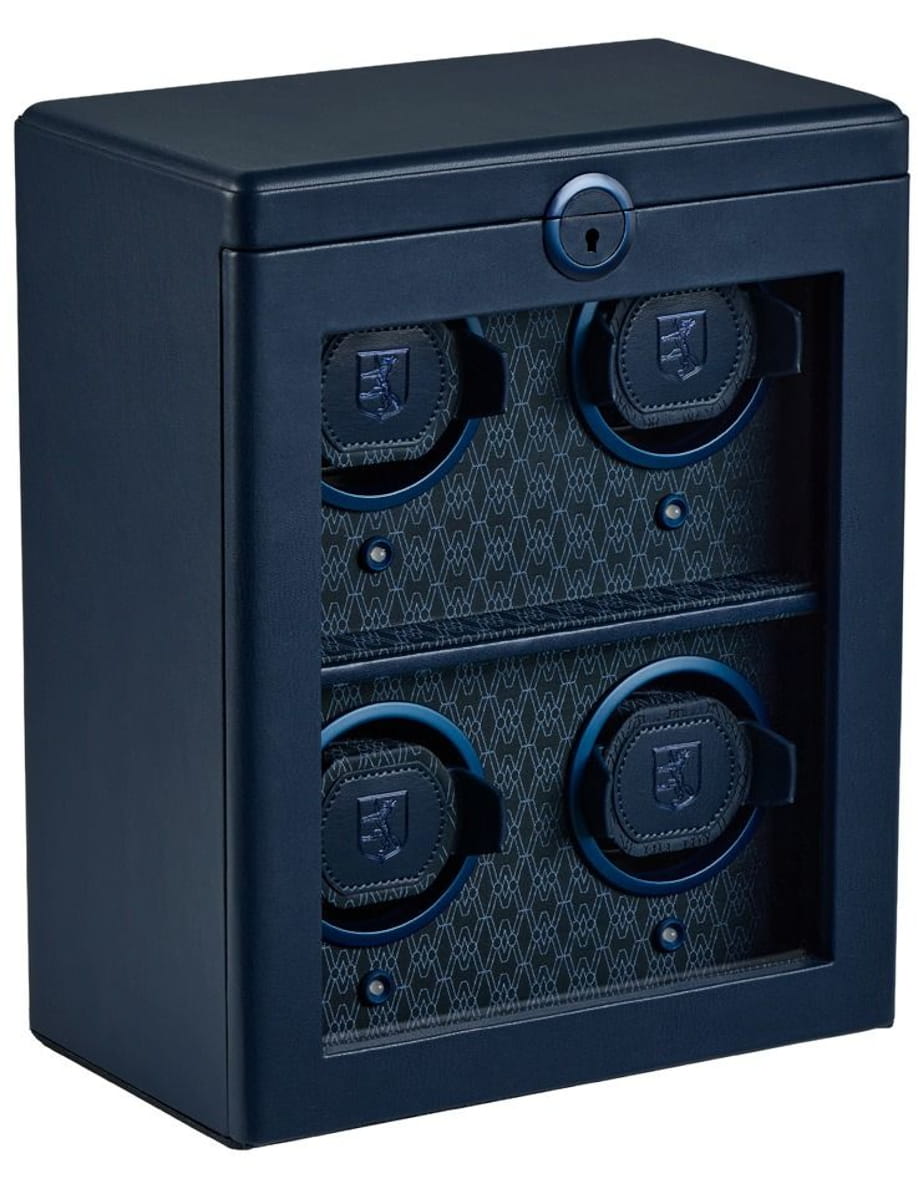 Blue compact safe with a key lock at the top and four round dial-style locks on the front panel.