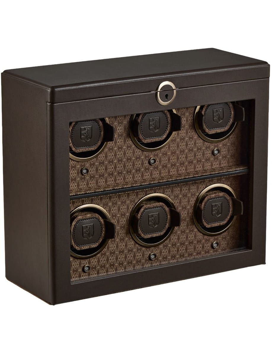 Brown lockable watch winder safe with six rotating round winders inside