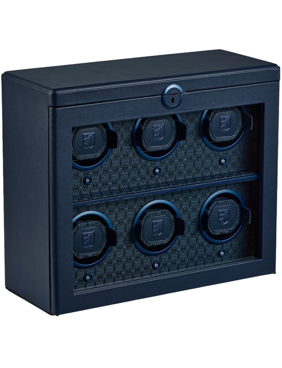 Blue rectangular safe with six circular dial locks arranged in two rows on a patterned interior surface, for securing valuables or watches.