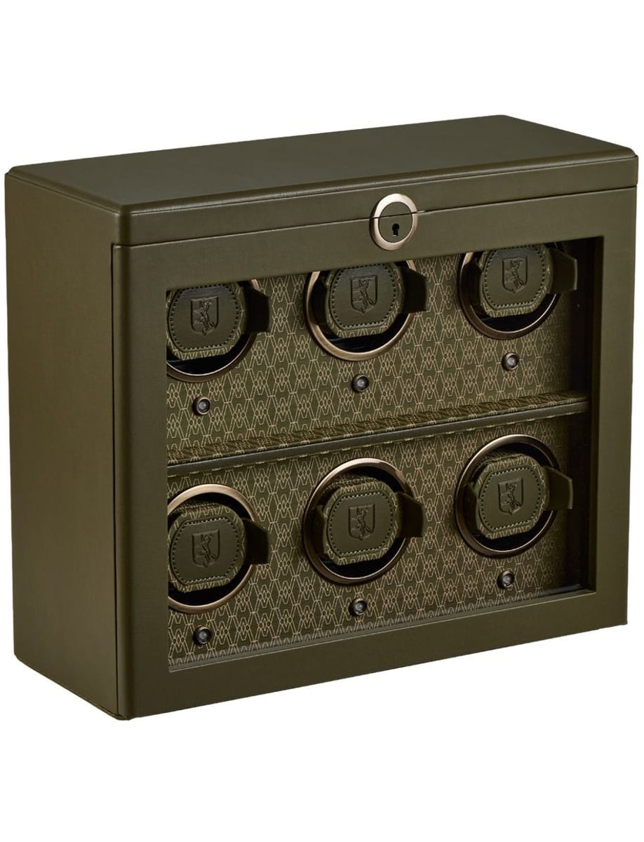 Olive green safe with six round dial combination locks on the front and a keyhole at the top center.