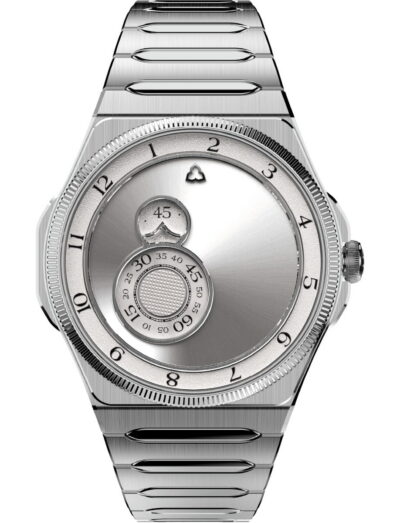 Close-up of a silver stainless steel wristwatch viewed from the back, showing a brushed metal case, numbered bezel, and circular inner dials.