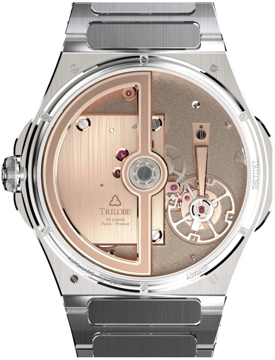 Back view of a luxury wristwatch showing the rose-gold movement, rotor, and tourbillon with a brushed steel case and bracelet (Trilobe branding).