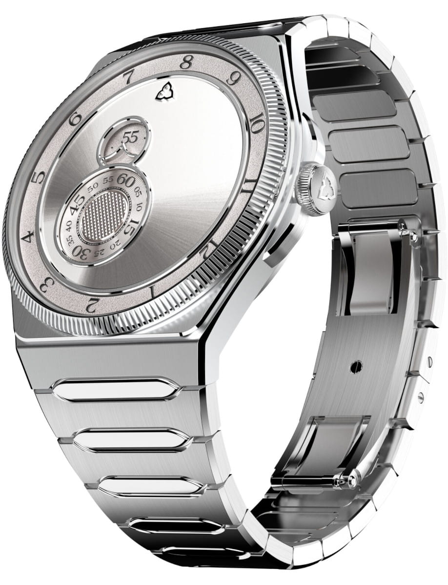 Close-up of a silver luxury wristwatch with a metal link bracelet and a round, brushed dial featuring multiple subdials and a textured center cap.