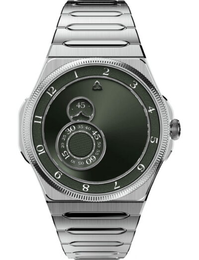 Trilobe stainless steel wristwatch with a green sunray dial, brushed metal case, and layered central sub-dial design. | Feldmar Watch Co. Trilobe stainless steel wristwatch with a green sunray dial, brushed metal case, and layered central sub-dial design.