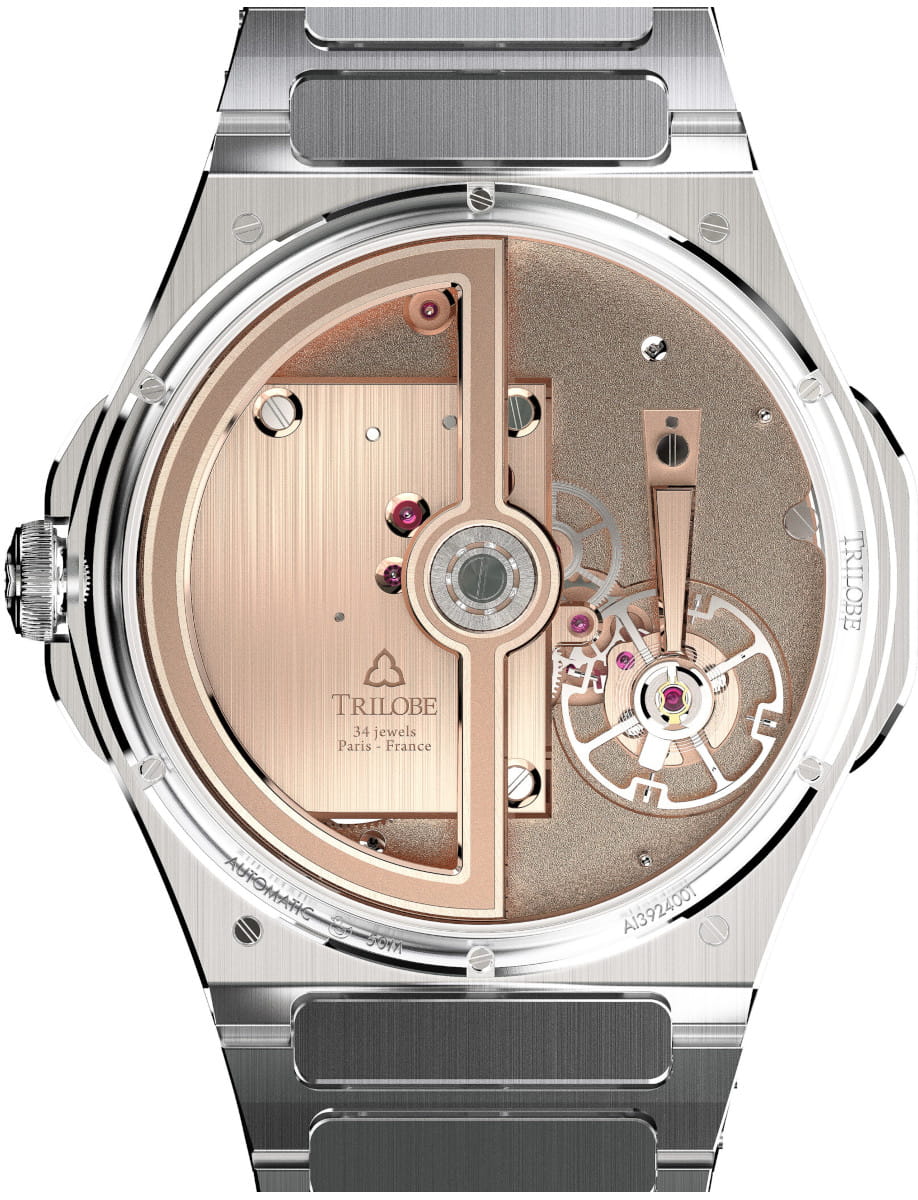 Close-up of a luxury skeleton watch movement in rose gold with exposed gears and rotor pieces visible through the caseback, Trilobe branding.