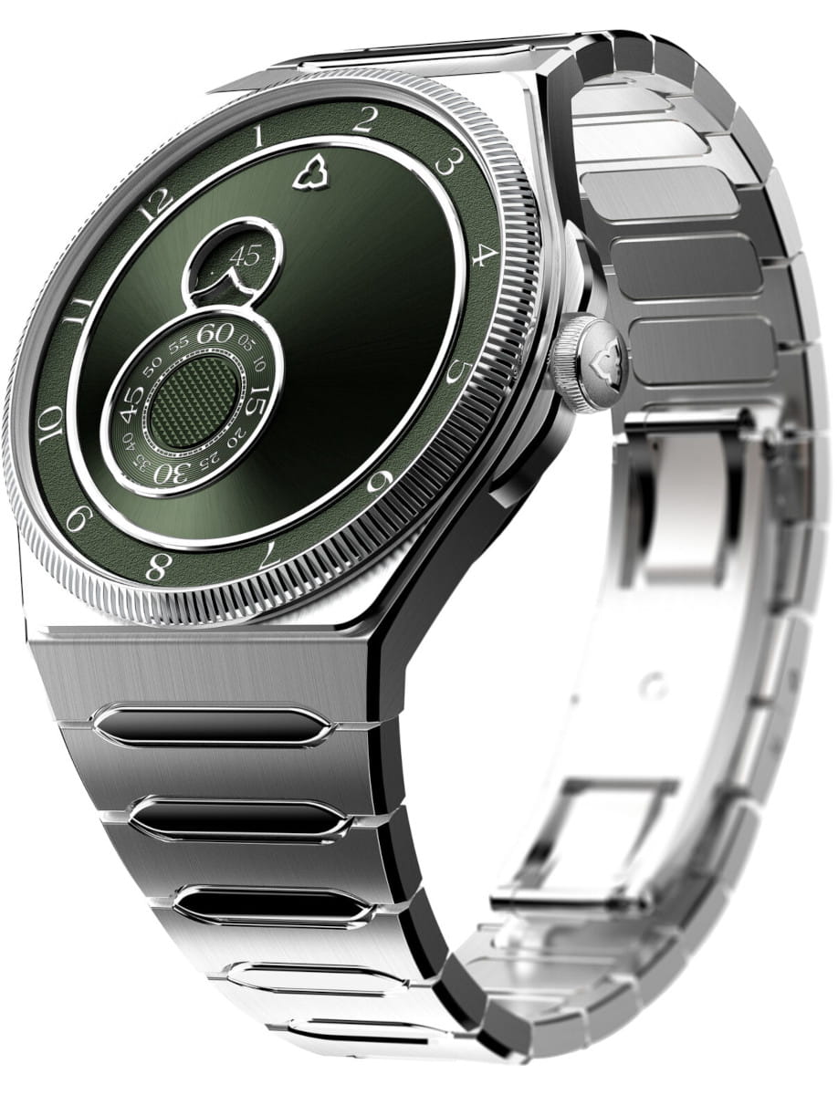 Silver stainless steel wristwatch with a green dial and concentric ring design, shown at an angle on a metal bracelet.