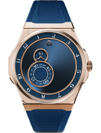 18k rose gold wristwatch with a sunray blue dial and blue rubber strap, featuring decorative concentric sub-dials and rose-gold accents. | Feldmar Watch Co. 18k rose gold wristwatch with a sunray blue dial and blue rubber strap, featuring decorative concentric sub-dials and rose-gold accents.