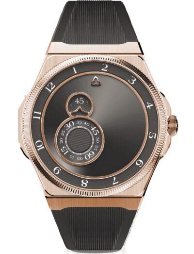 Rose gold wristwatch with a black sunburst dial and textured black rubber strap